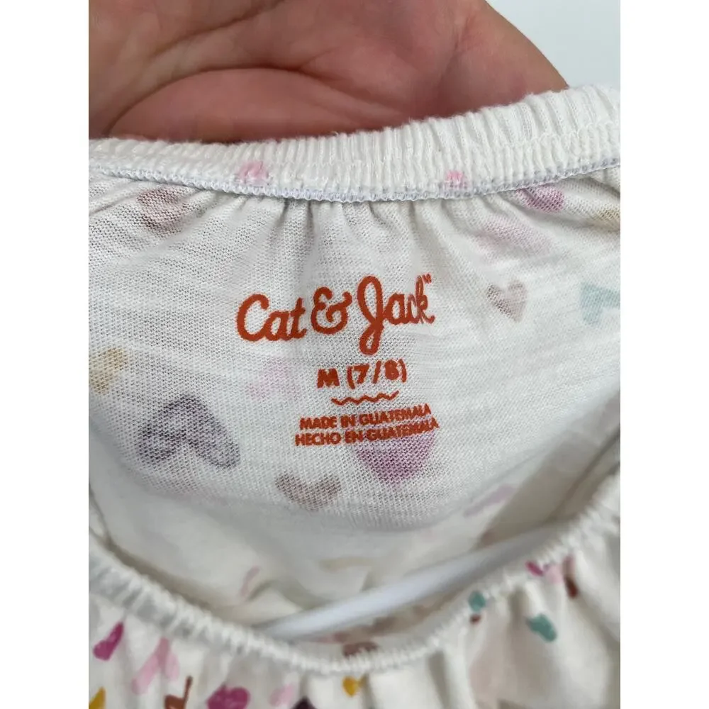 Cat & Jack Cream Heart Print Shirt Tunic Loose Cap Sleeve M 7/8 Girls
